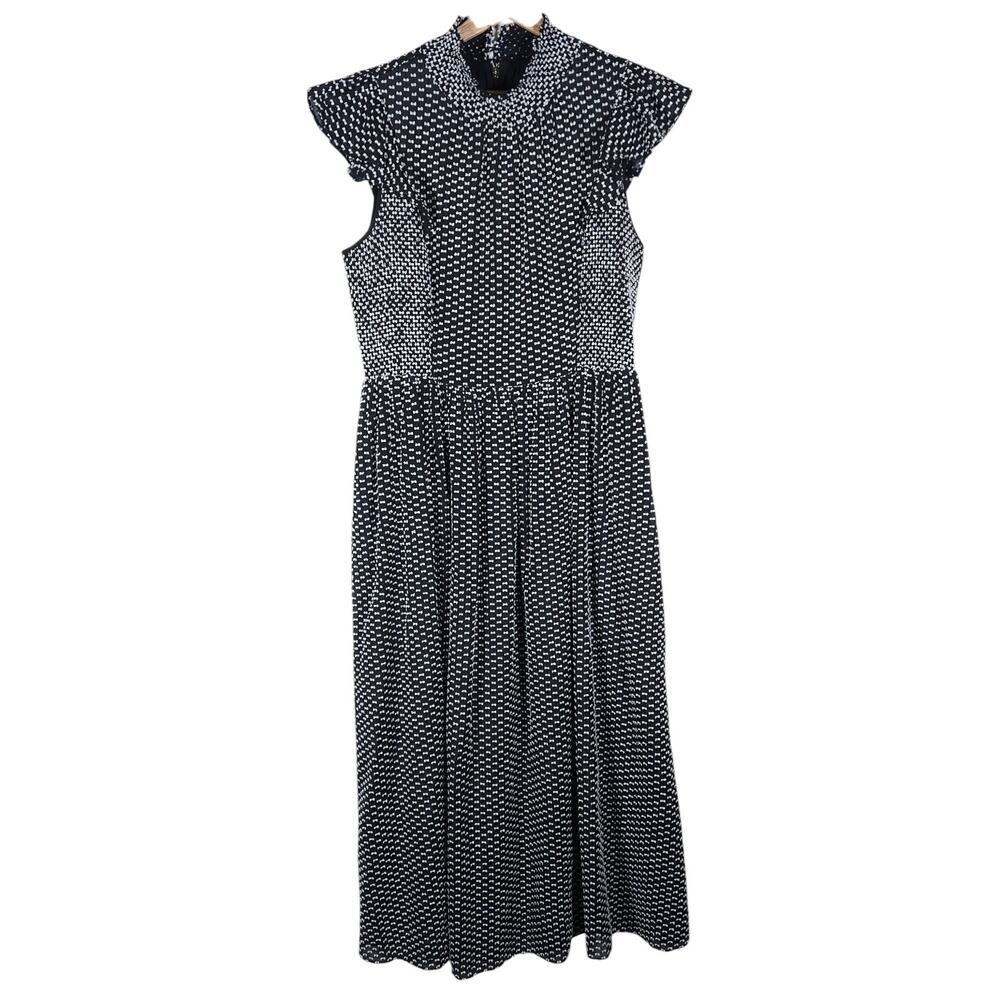 Kate Spade Smocked Clip Midi Dress 14 Plus Size Black White Flutter Sleeves Chic